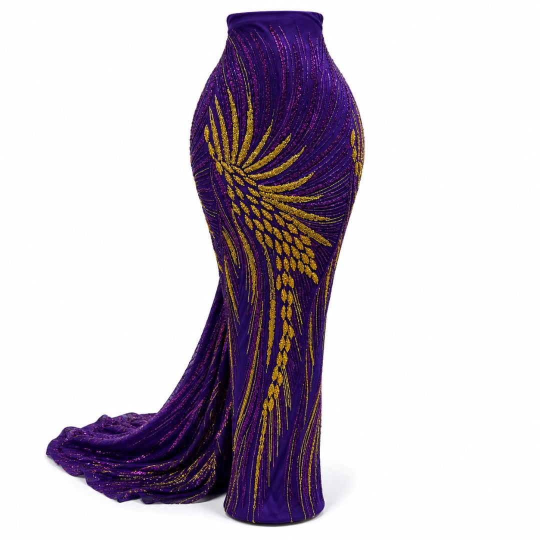 Premium Purple and Gold Beaded Mesh Lace Fabric