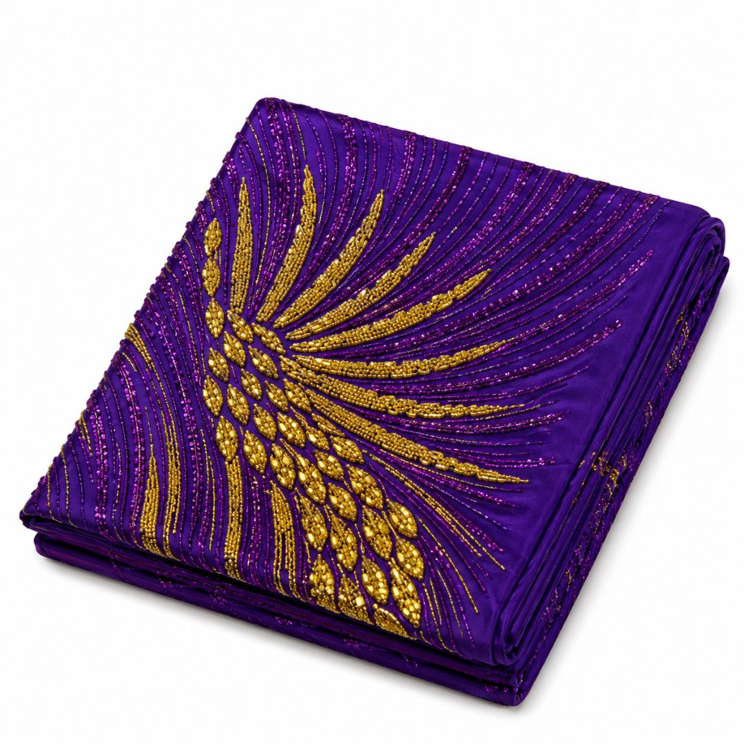 Premium Purple and Gold Beaded Mesh Lace Fabric