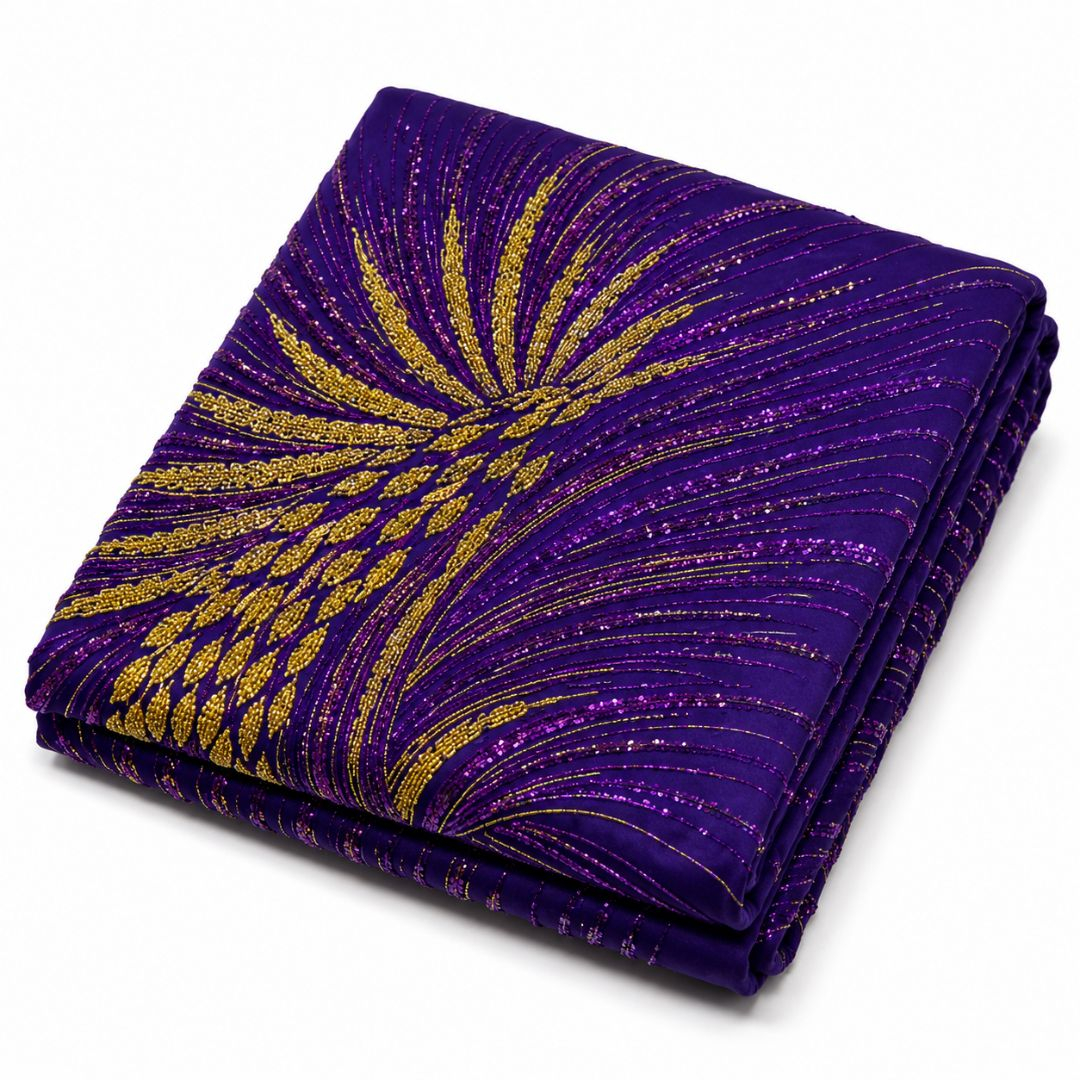 Premium Purple and Gold Beaded Mesh Lace Fabric