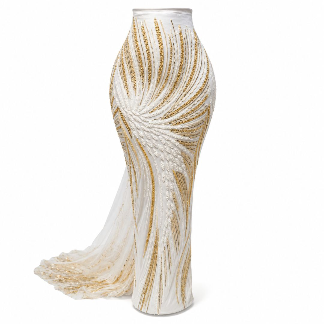 Premium White & Gold Luxury Beaded Mesh Lace Fabric Designer Bridal Embroidery Textile