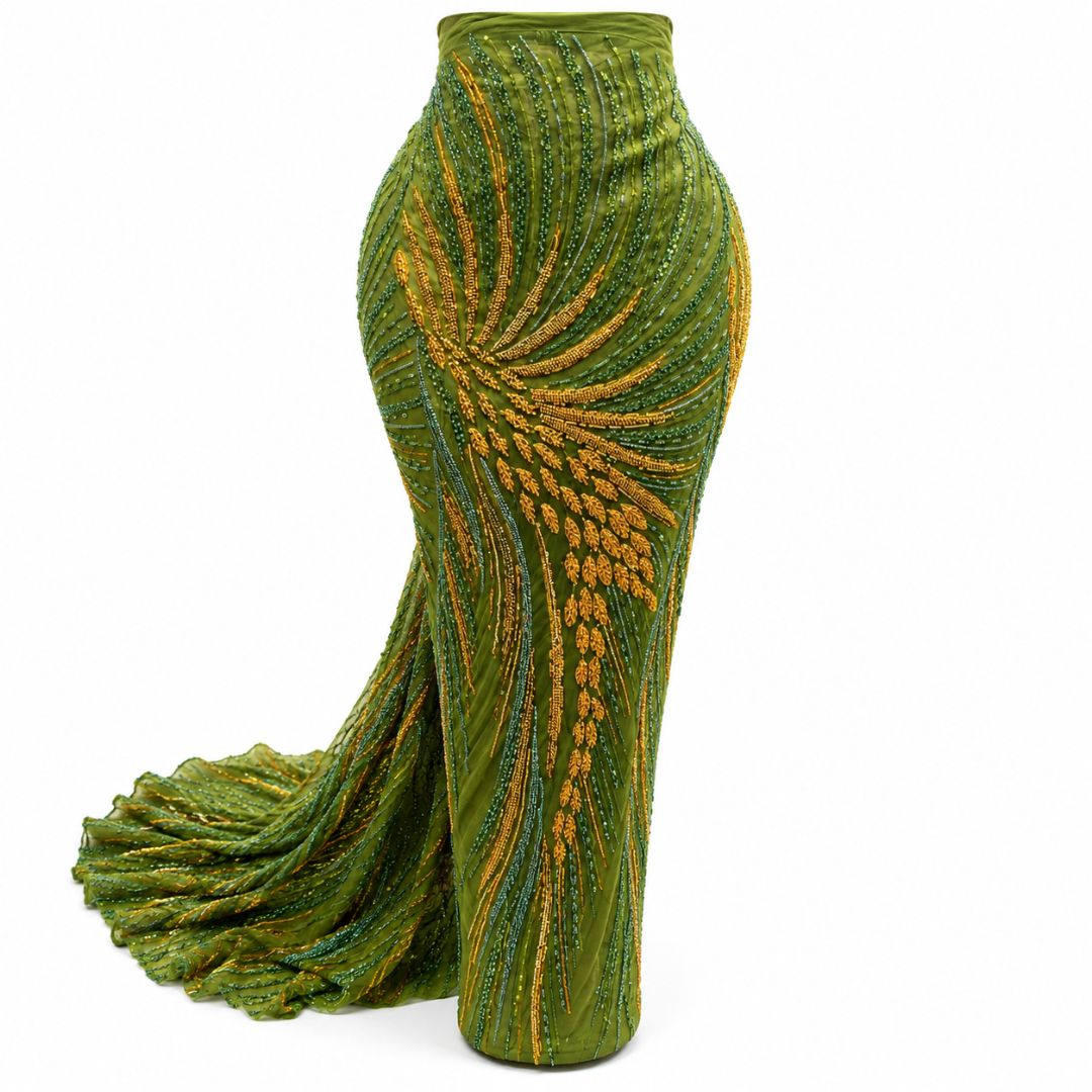 Premium Olive Green Luxury Beaded Mesh Lace Fabric