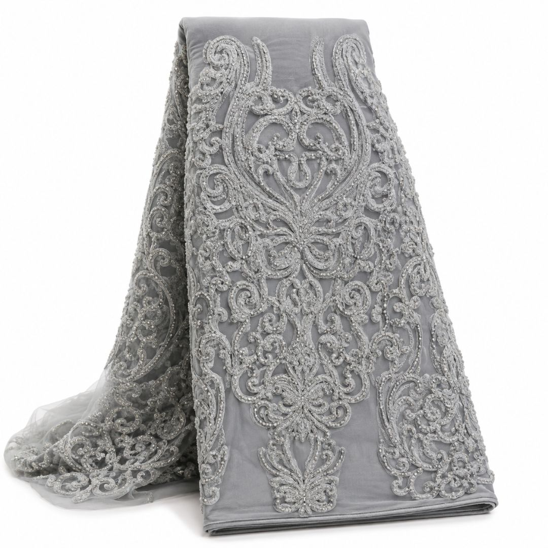 Luxury Purple Beaded Embroidered Lace Fabric