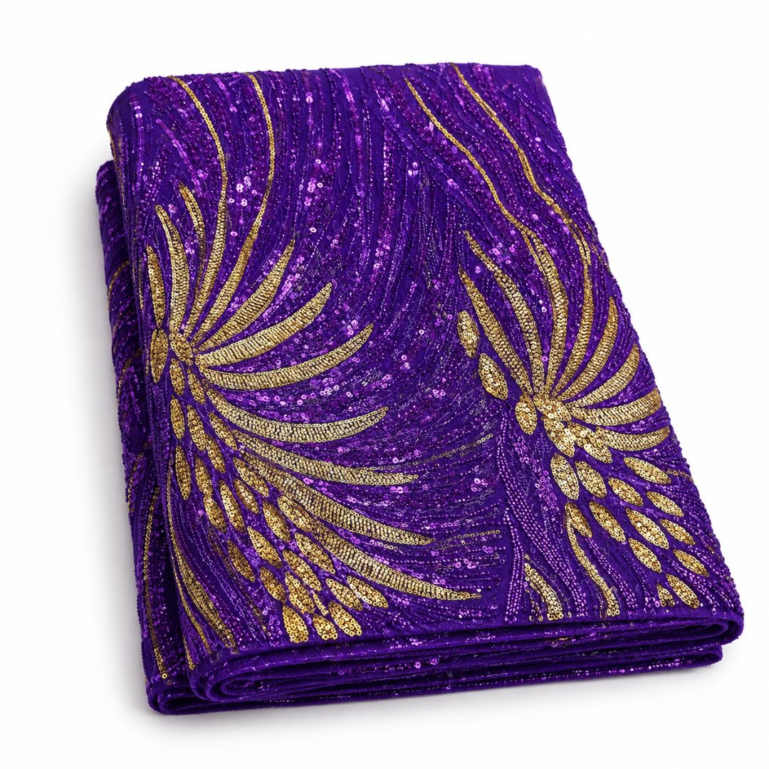 Purple and Gold Sequin Lace Fabric