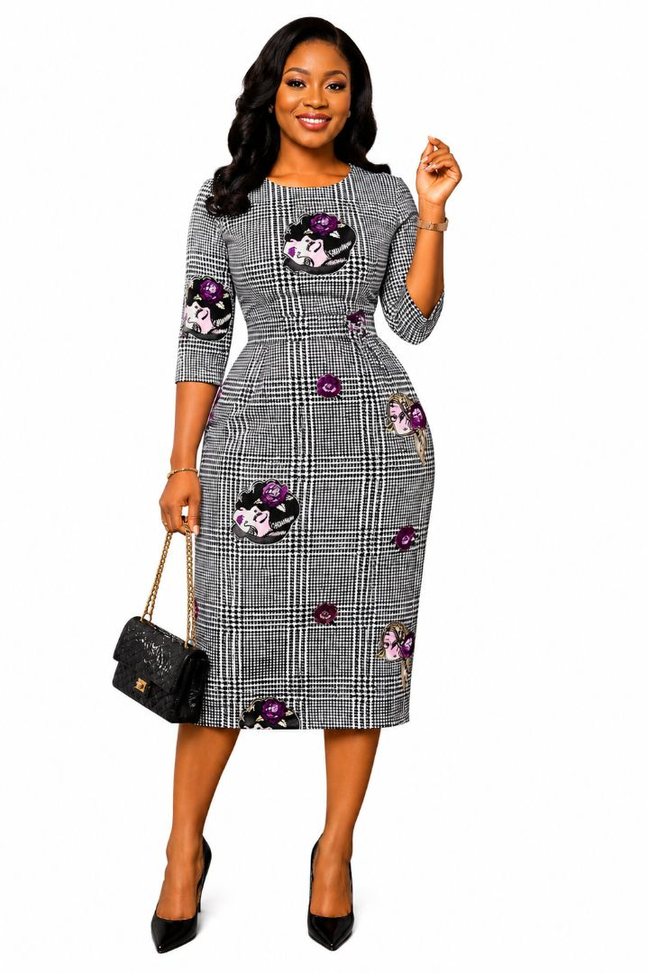 Premium Glen Plaid Printed Suiting Fabric with Lady Portrait Design for Dresses