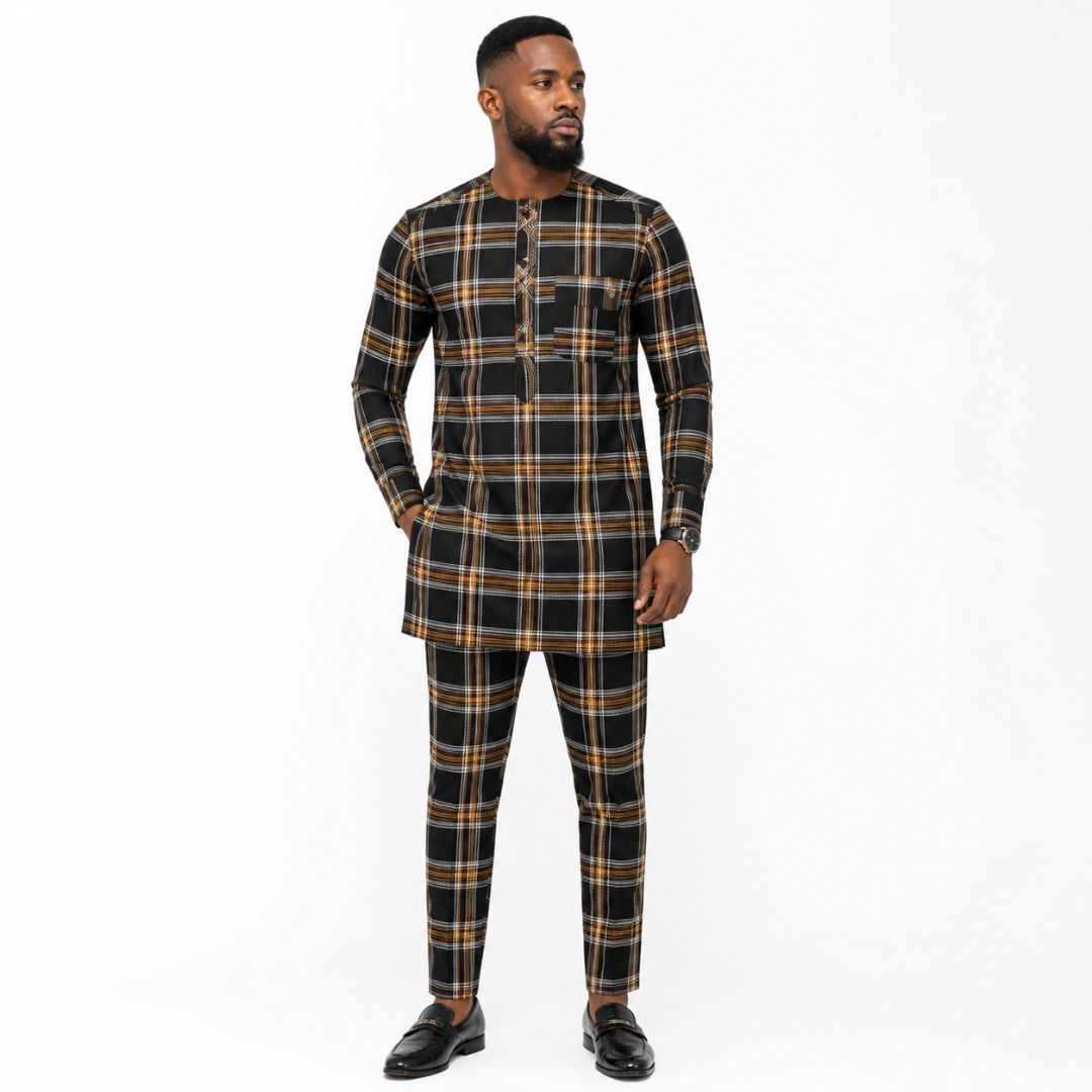 Premium Black Brown Gold Plaid Check Suiting Fabric