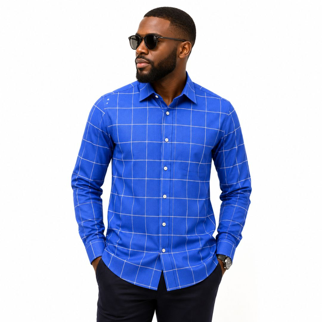 Premium Royal Blue Windowpane Check Suiting Fabric