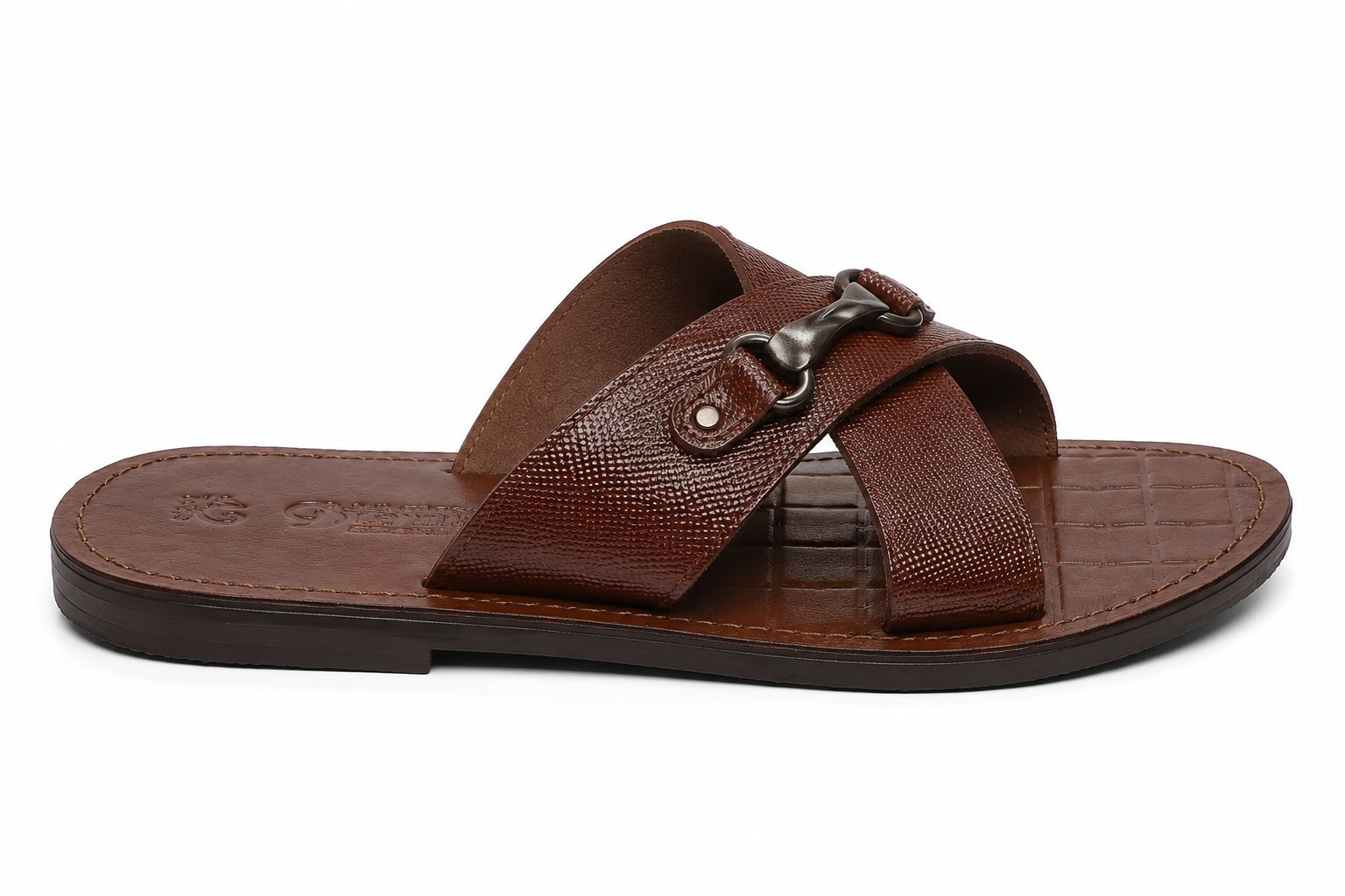 Mens Brown Double Strap Textured Buckle Leather Sandals