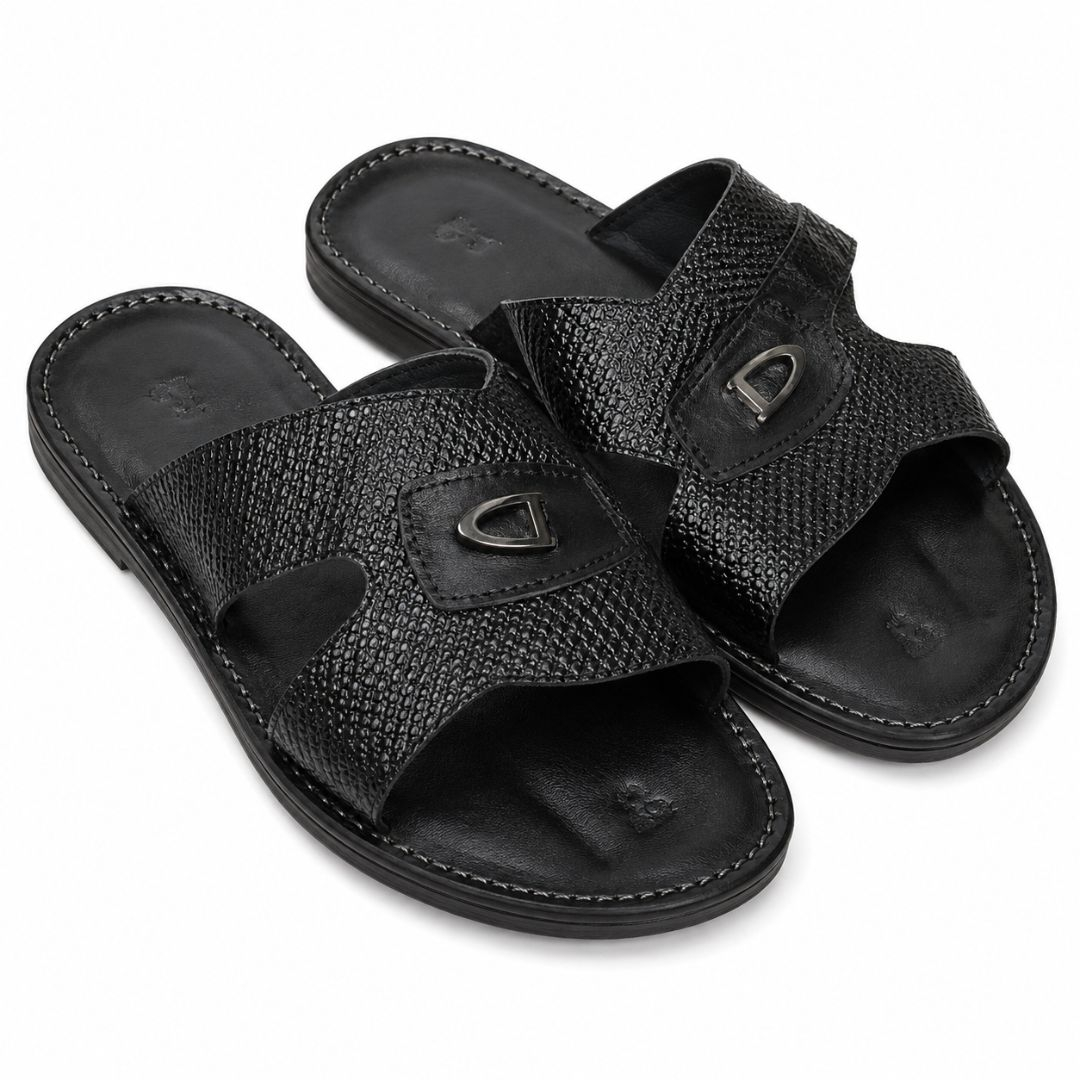 Mens Black Leather Slippers with Textured Straps